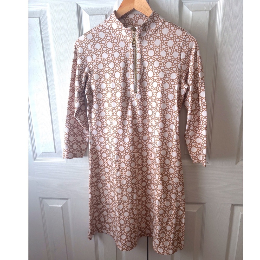 Spartina 449 Tan Geometric Print Stretch Cotton Jersey Zip Neck Mini Dress S